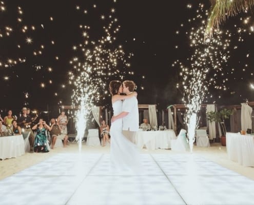 A Couple Kissing With Fireworks Around